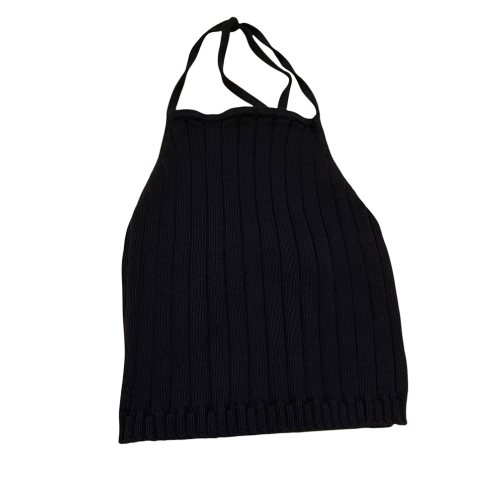 Brandy Melville Navy Blue Ribbed Knit Halter Top Tie Neck Y2K